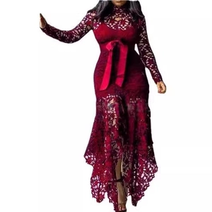 Front view of wine red lace fishtail dress with elegant satin bow waist tie and high collar