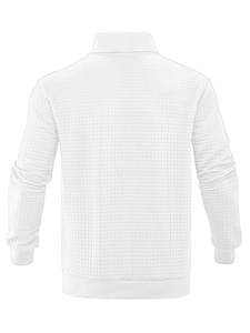 Macro shot of white waffle textured fabric on men's long sleeve pullover sweatshirt