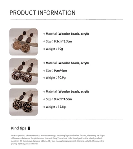 Detailed size and material chart for wooden acrylic leopard print geometric earrings