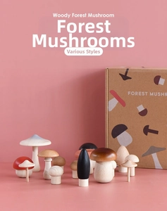 Detail of wooden mushroom set with assorted colors and creative forest design