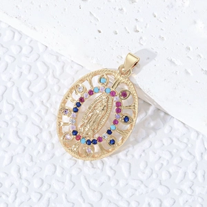 Colorful zircon-encrusted Virgin Mary oval pendant in gold-plated copper finish