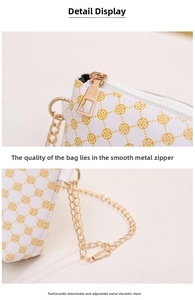 Detail of smooth gold zipper and detachable metal chain strap on printed white crossbody bag