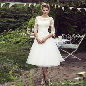 Elegant Lace Wedding Dress Ivory White Boat Neck Mid Sleeve Tea Length Tulle Bridal Gown For Women Vintage Party