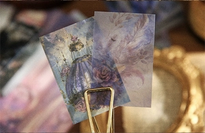Macro shot of vintage birdcage and floral scrapbooking paper with gold metal binder clip