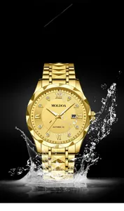 Close-up of waterproof gold men's watch with date display under splashing water