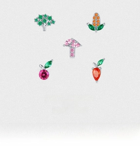 Macro detail of S925 sterling silver fruit stud earrings with colorful zircon stones