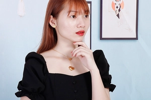 Model wearing a gold heart pendant necklace set with matching stud earrings