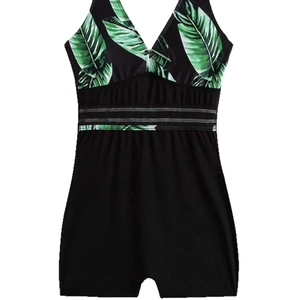 One-piece swimsuit with tropical leaf print, deep V-neck and mesh waist detail
