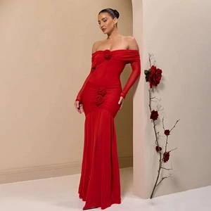 Off Shoulder Ruched Maxi Dress Mesh Knit Milk Satin Rose Flower Slim Fit Sexy Long Sleeve Evening Party For Women