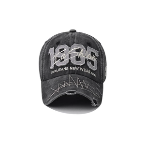 Deep grey washed cotton baseball cap with 1985 embroidery and distressed brim details