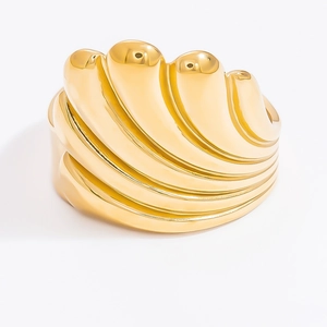 Detailed view of 18k gold plated stainless steel ring with polished wavy texture