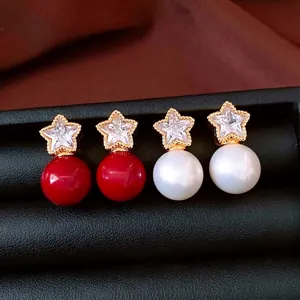 Star Imitation Artificial Pearl Stud Earrings With 925 Sterling Silver Earring Post 18K Gold Plated Zircon French Retro Jewelry