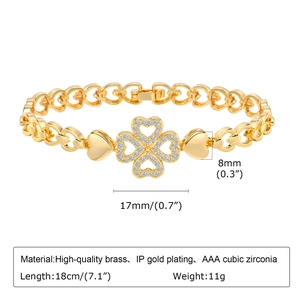Detail of clover heart bracelet in IP gold plated brass with AAA cubic zirconia specs