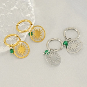 Boucles Oreilles Créoles Pendentif Soleil Acier Inoxydable Plaqué Or 18K Avec Perle Pierre Verte Bijoux Vintage Bohème Femmes