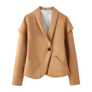 Women's V-neck camel blazer with notched lapel and single-button closure