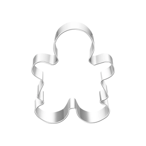 Detailed view of gingerbread man shaped stainless steel cookie cutter with metallic finish