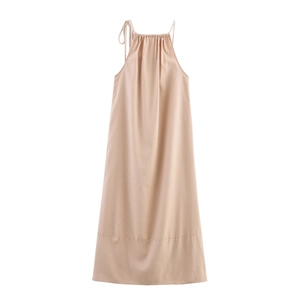 Robe Maxi Licou Femmes Aspect Lin Polyester Sans Manches Taille Haute Cordon De Serrage Été Plage Vacances Couleur Unie