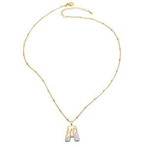 Collier doré avec pendentif lettre A bicolore serti de strass sur chaîne à perles