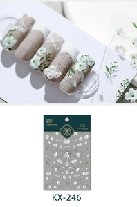 Détail des stickers ongles fleurs de printemps KX-246 avec motifs blancs sur gris mat