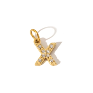 PVD gold plated stainless steel letter X pendant with sparkling zircon inlays on white background