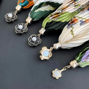 Magnetic camellia silk scarf necklace featuring pearls and various floral pleated fabrics