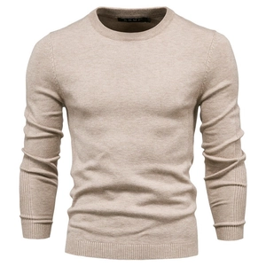Slim fit khaki crew neck knitted sweater for men with detailed ribbing texture