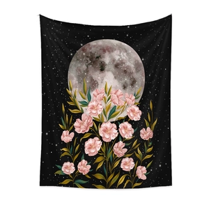 Detail of floral moon phase tapestry with pink flowers and gold leaves on black background