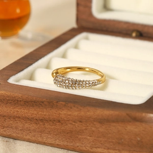Luxury 18K gold-plated stainless steel open ring with pavé crystals in a jewelry box