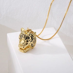18K gold plated necklace with a leopard head pendant featuring zircon stones and black enamel