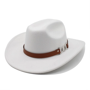 Detail of white felt cowboy hat with brown leather band and silver metal chain detail