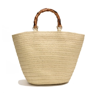 Summer straw woven tote bag with natural bamboo handles and large capacity design
