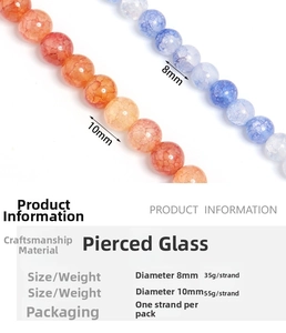 Macro view of 8mm and 10mm orange and blue crackle glass beads with ice flower texture