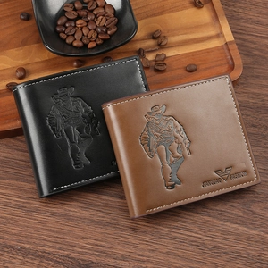 Classic men's horizontal bifold leather wallet with cowboy embossed pattern and stitching