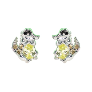 Detail of silver crocodile stud earrings with yellow cubic zirconia on white background
