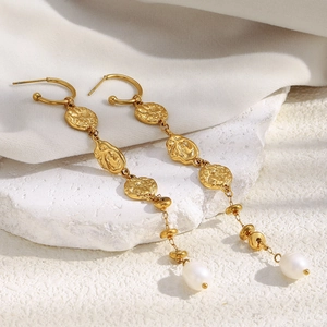Vintage 18K gold plated stainless steel hammered earrings with long tassel and pearls