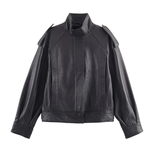 Giacca Bomber In Ecopelle Da Donna Collo Alto Spalline Oversize Casual Streetwear Cappotto Nero