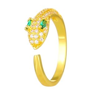 Adjustable gold snake ring featuring white zircons and green gemstone eyes for women