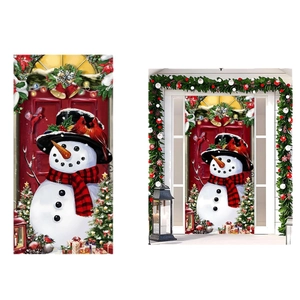 Outdoor Christmas snowman door banners with red cardinals and festive yard decorations