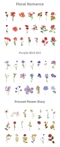 Detailed botanical PET stickers featuring rose, iris and hydrangea for journal decoration
