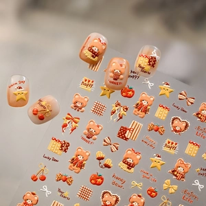 3D relief nail art stickers featuring honey caramel bears, stars and bows on long nails