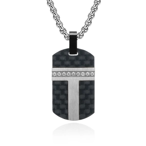 Men's carbon fiber dog tag necklace in silver stainless steel with diamond accent
