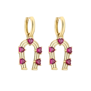 Gold horseshoe hoop earrings featuring five vibrant pink heart-shaped zircon stones