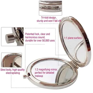 Silver round double-sided compact mirror with 1:1 plane and 1:2 magnifying views