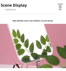 Detailed close-up of a pink high-definition desktop makeup mirror with clear reflection