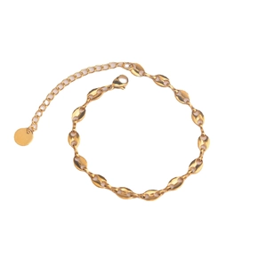 Polished gold coffee bean link bracelet with adjustable chain and round metal tag for women