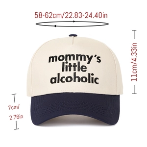 Detail view of two-tone baseball cap with size specs 58-62cm and embroidered text