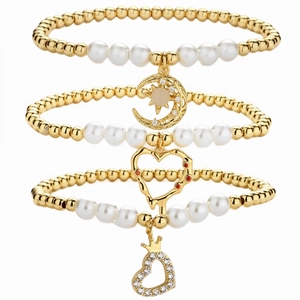 Elegante Pulsera de Cobre con Zirconia y Perlas Artificiales Corazón Luna Estrella para Mujer Chapado en Oro Ajustable Joyería de Moda Regalo