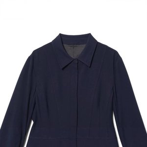 Navy blue long sleeve shirt dress with classic lapel and tailored waist pleats