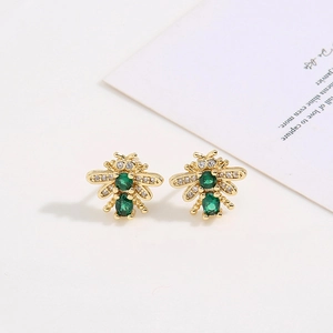 Brass Bee Stud Earrings With Green Gemstone And Clear Zircon Personalized Animal Jewelry For Women