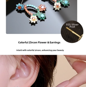 Macro detail of multicolored zircon flower earrings with S925 sterling silver pins